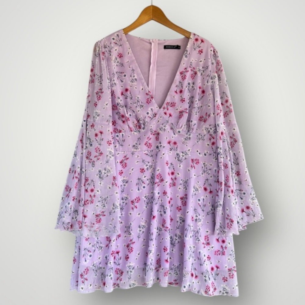 Women's Lavender Floral V-Neck Long Sleeve Dress
